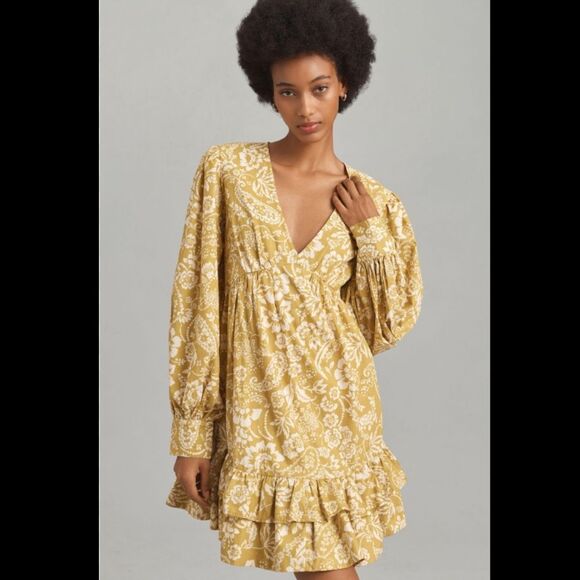 Anthropologie Maeve Long-Sleeve V-Neck Ruffle Mini Dress - Picture 1 of 3